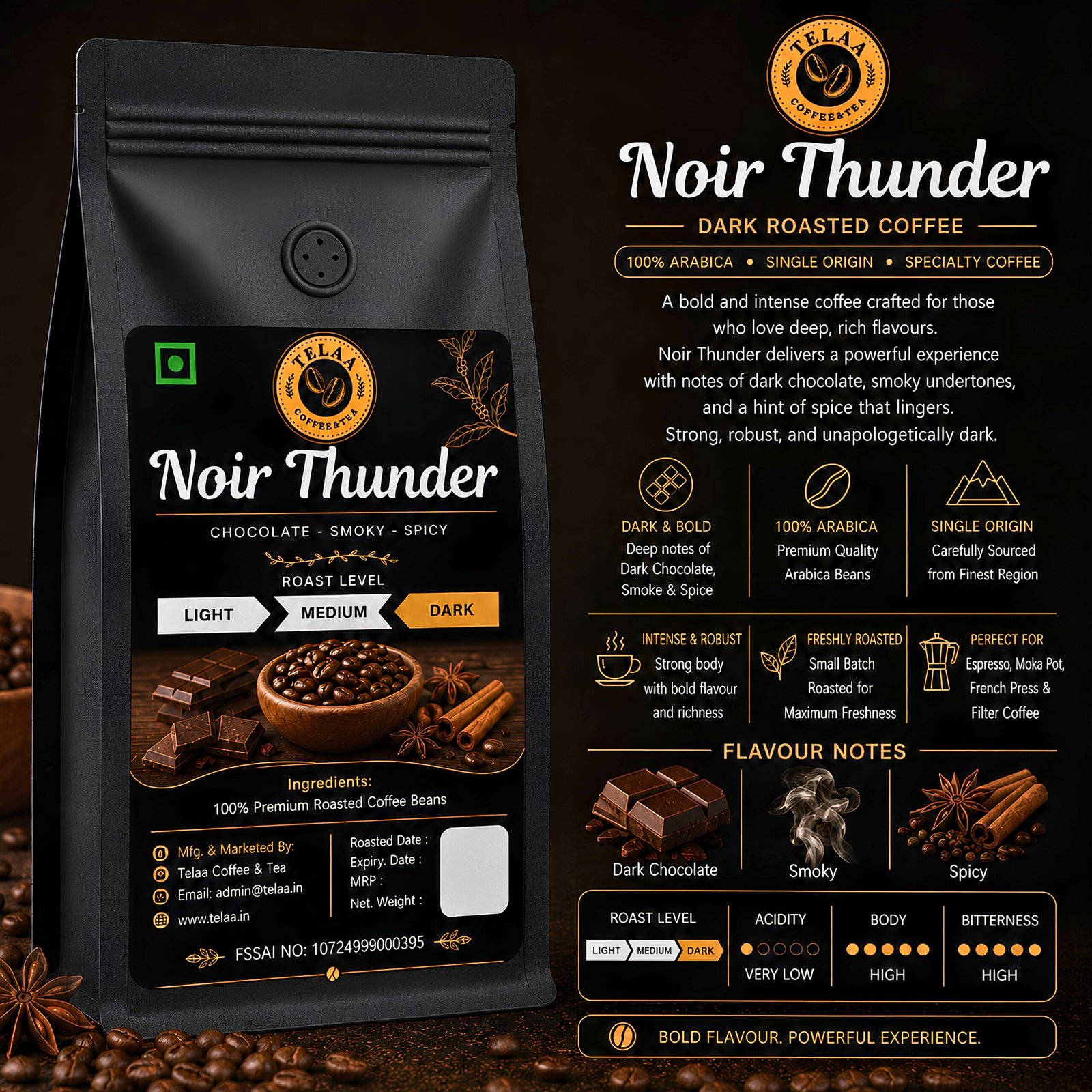 Noir Thunder, Dark Roasted 100% Arabica Specialty Coffee Beans - Image 2