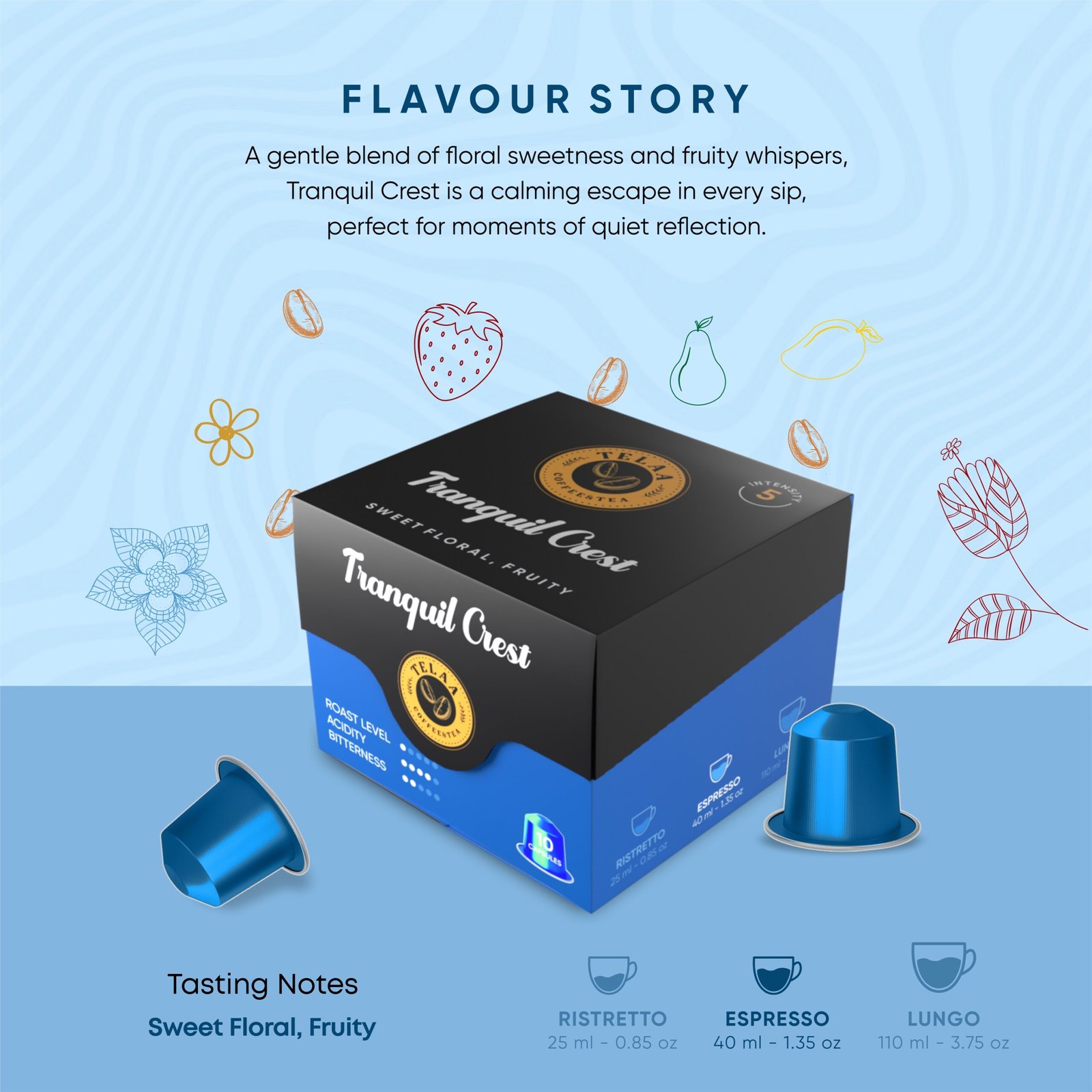 Tranquil Crest by Telaa: Intensity-5, 100% Arabica Aluminium Nespresso-Compatible Pods