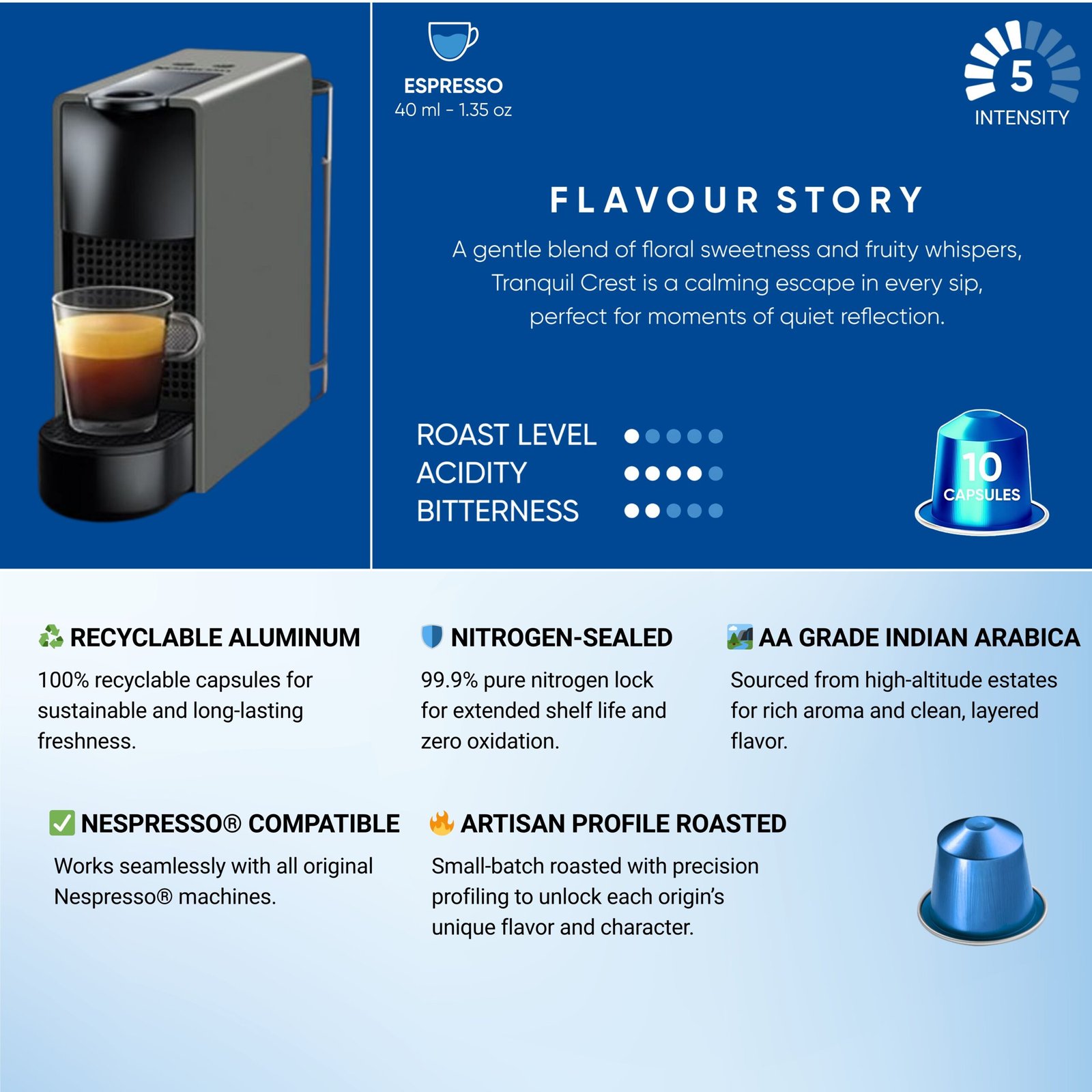 Tranquil Crest by Telaa: Intensity-5, 100% Arabica Aluminium Nespresso-Compatible Pods - Image 2