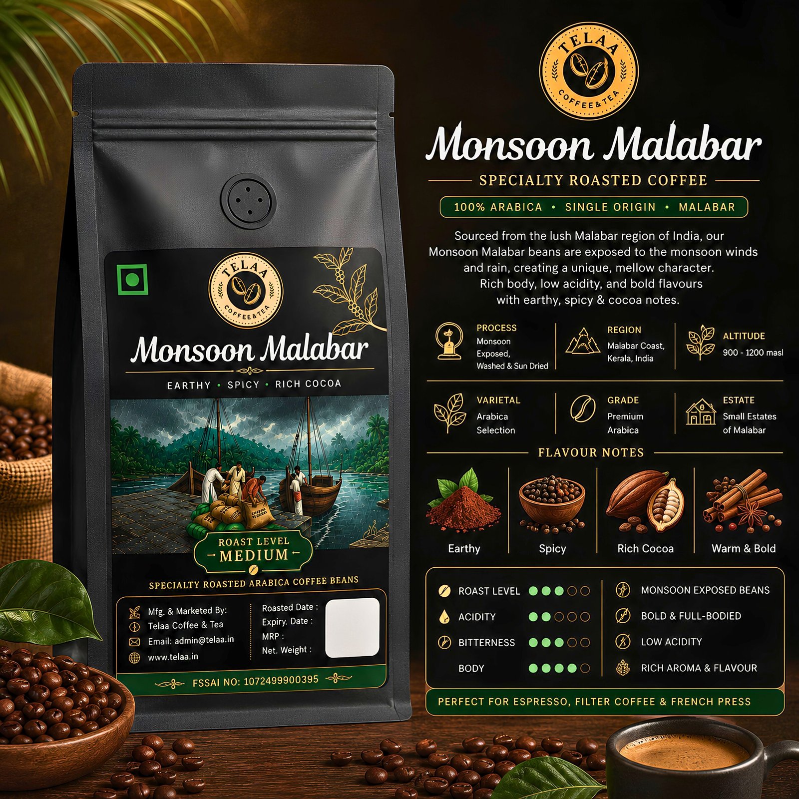 Monsoon Malabar Roasted Coffee Beans 250gm - Image 2