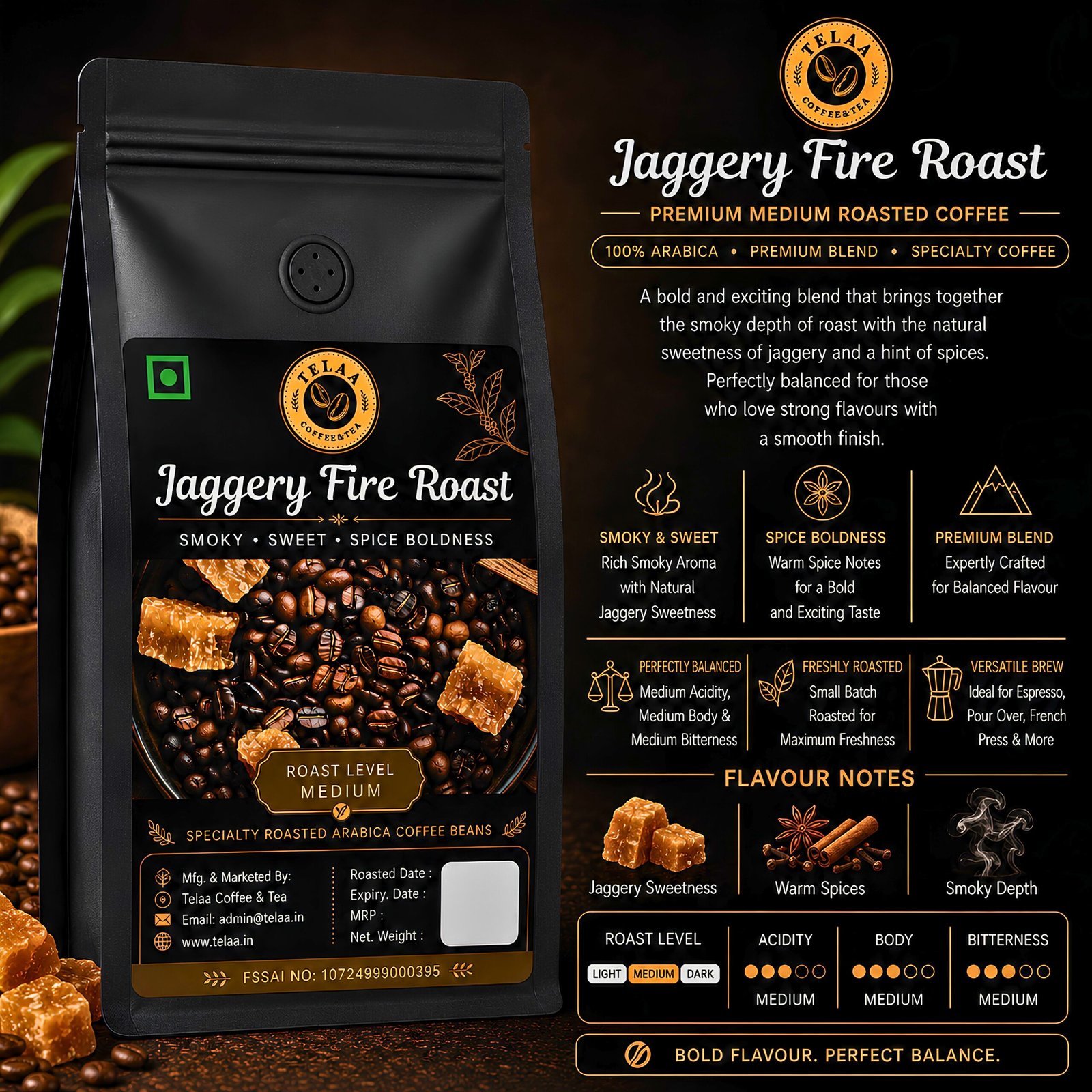 Jaggery Fire Roast Coffee Beans 250g – Fire Roasted Arabica, Smoky Jaggery Sweetness, Date & Spice Notes, Bold Rustic Body, Small Batch Artisan Specialty Coffee - Image 2