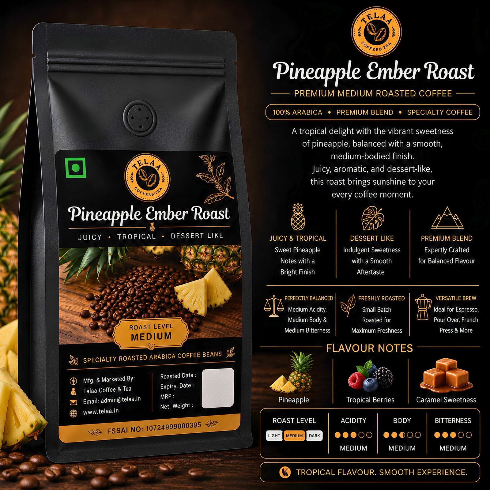 Pineapple Ember Roast Fruit Fermented Coffee Beans 250g – Exotic Process Arabica, Tropical Pineapple Sweetness, Toasted Ember & Caramel Notes, Smooth Rich Body, Small Batch Artisan Roast, Specialty Gourmet Coffee - Image 2