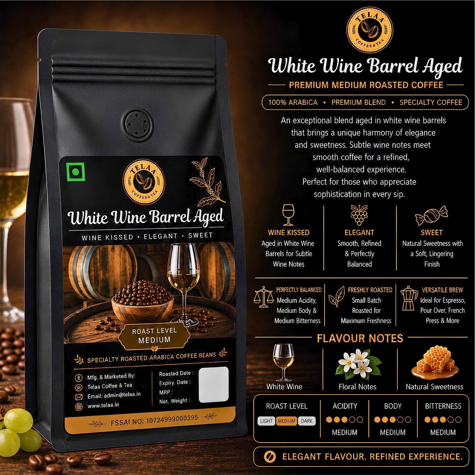 White Wine Barrel Aged Coffee Beans 250g – Oak Cask Aged Arabica, White Grape, Pear & Floral Notes, Subtle Vanilla & Oaky Complexity, Smooth Wine-Like Finish, Specialty Artisan Coffee - Image 2