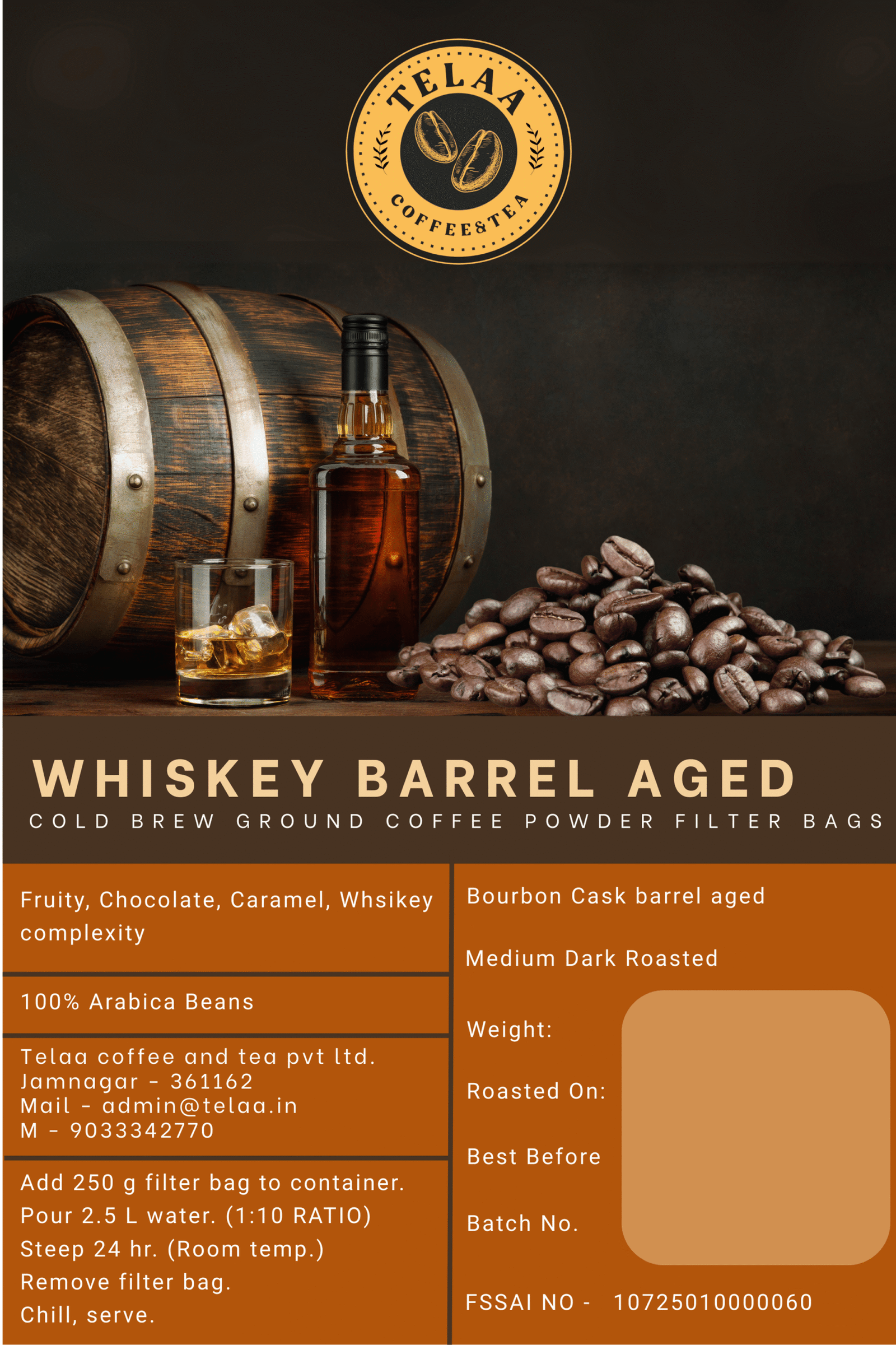 Whiskey Barrel Aged Coffee — 250g Ground or Cold Brew Bag | V60, Press, Espresso - Image 2