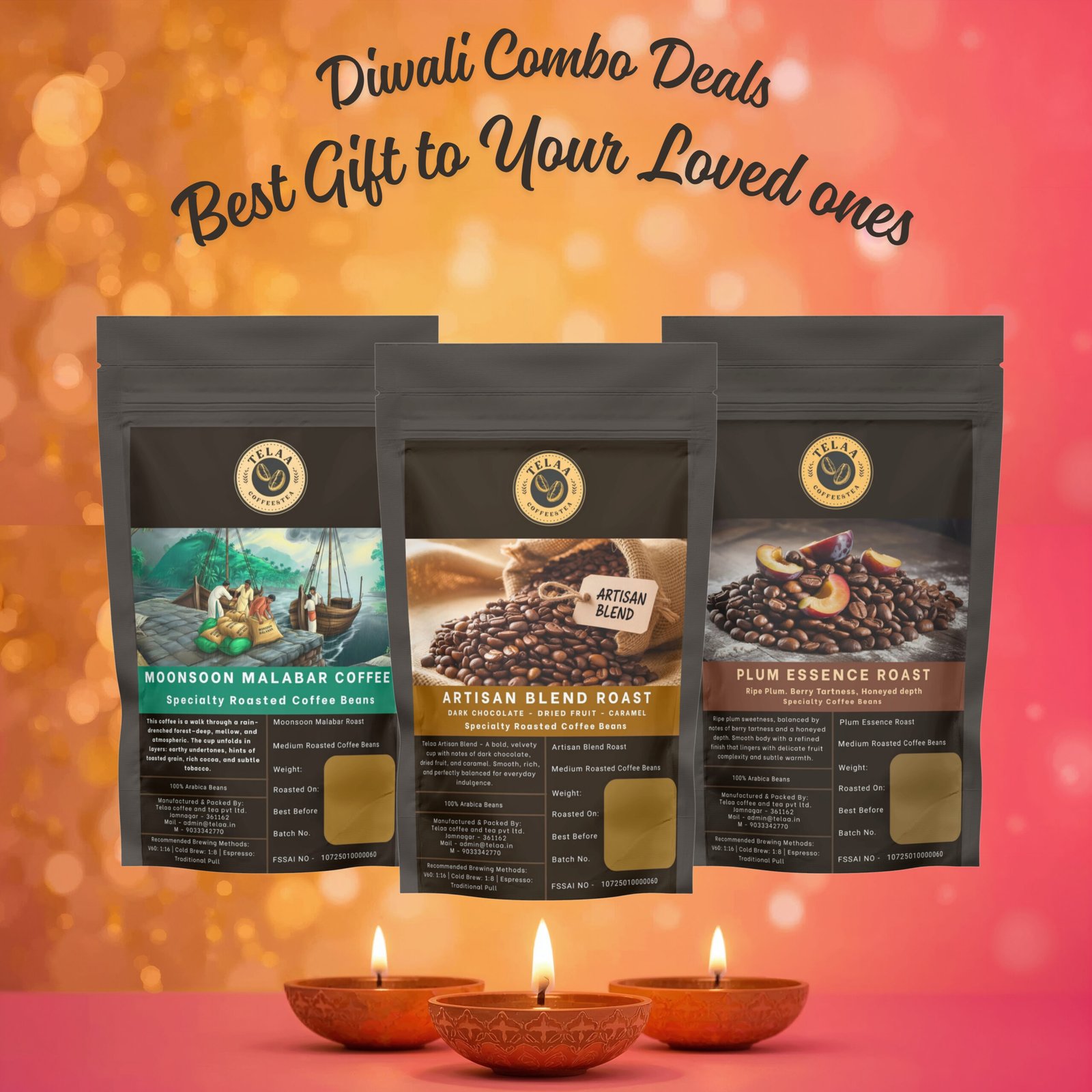 Telaa Premium Coffee Beans Pack of 3 | Plum Essence, Monsoon Malabar & Artisan Blend | Fresh Roasted Specialty Arabica | Perfect Festive Gift for Coffee Lovers - Image 2