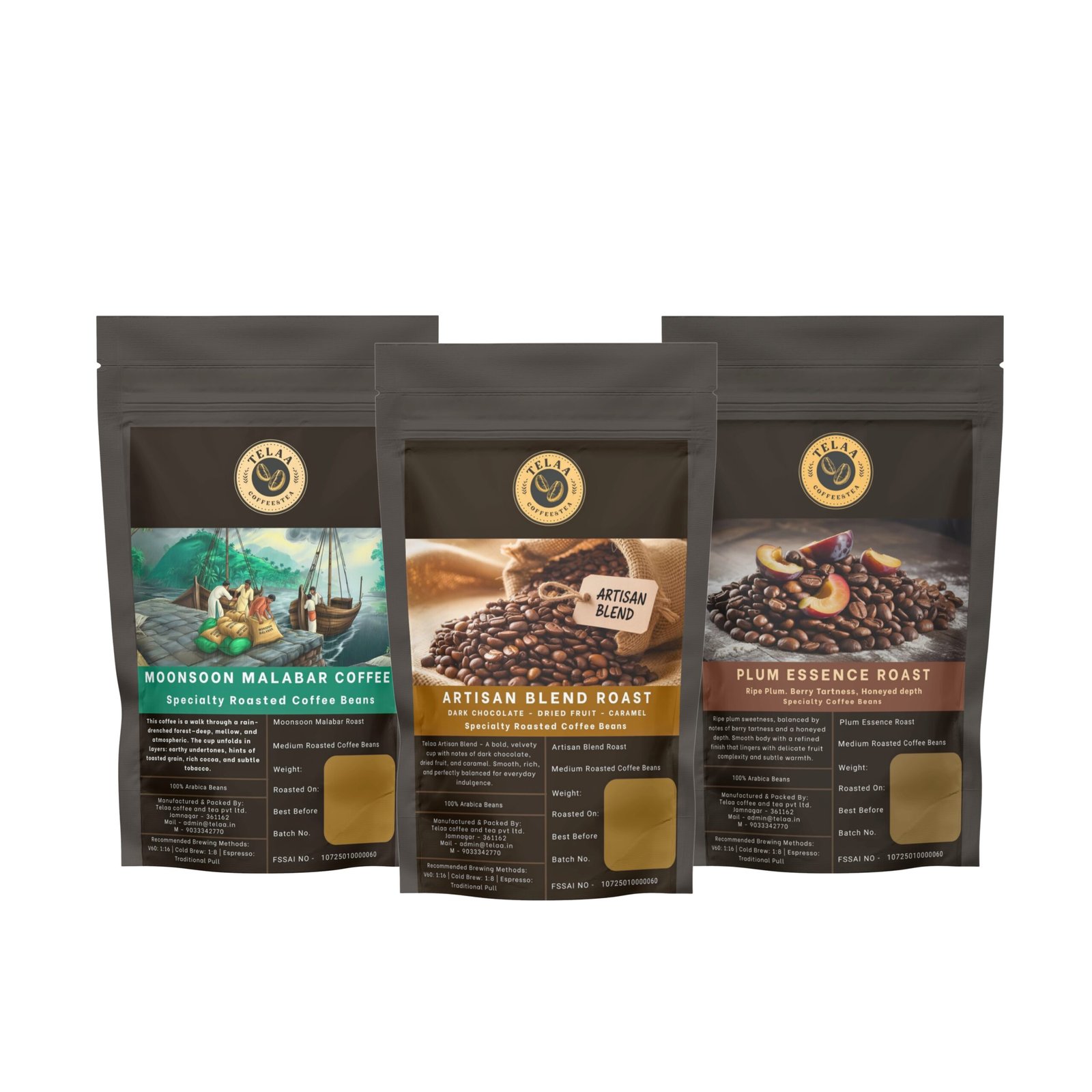 Telaa Premium Coffee Beans Pack of 3 | Plum Essence, Monsoon Malabar & Artisan Blend | Fresh Roasted Specialty Arabica | Perfect Festive Gift for Coffee Lovers