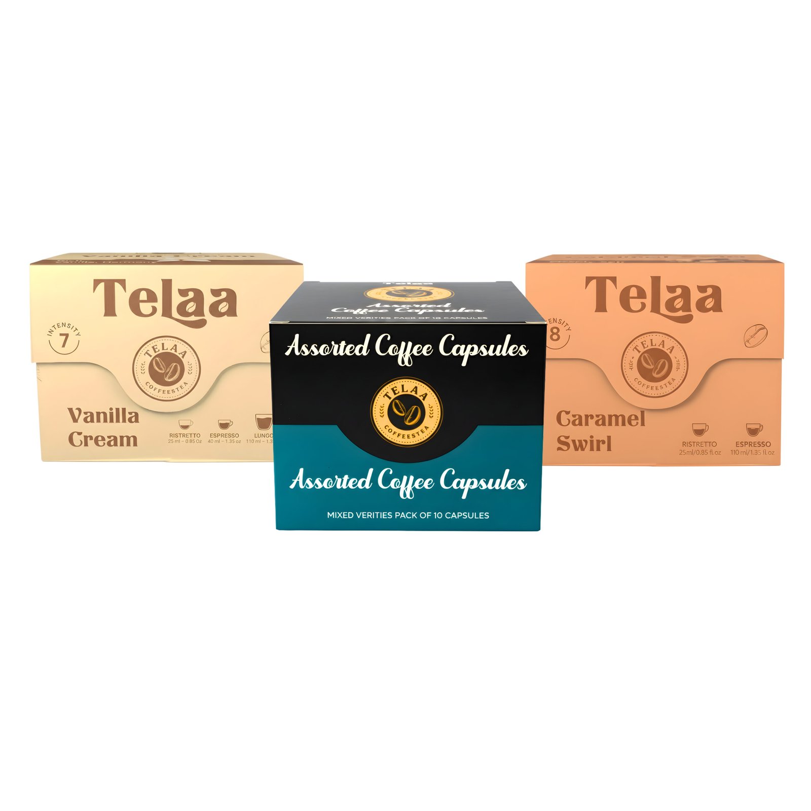Telaa 3-Pack Flavor Coffee Capsule Combo | Vanilla Cream, Caramel Swirl & Assorted | 30 Capsules | Nespresso Original Line Compatible