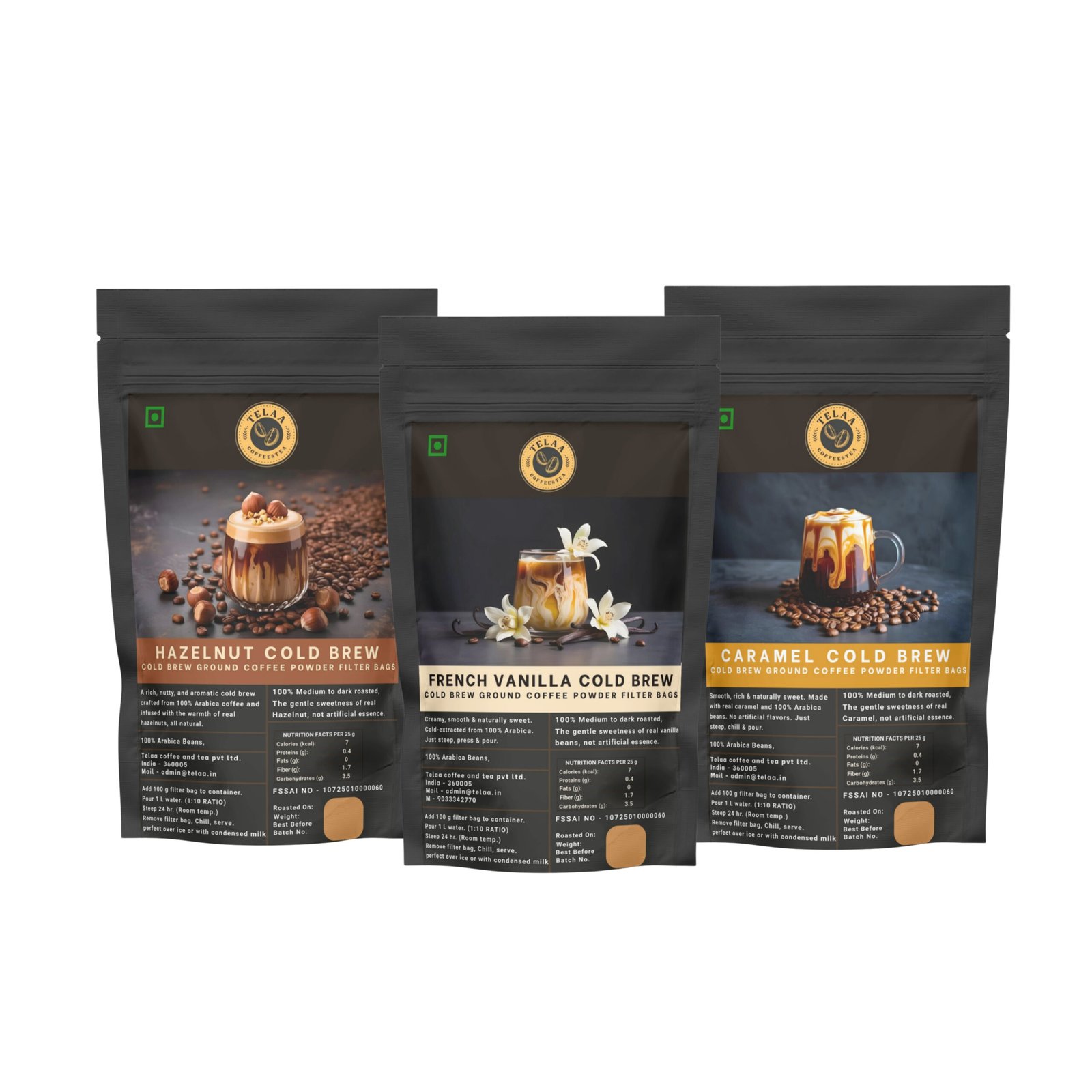 Cold Brew Coffee Trio Pack – French Vanilla, Caramel & Hazelnut | 100g Each | Makes 3L Total | 100% Arabica