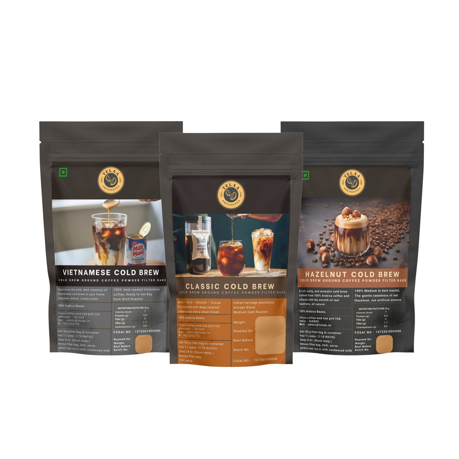 Cold Brew Coffee Trio Pack — Hazelnut, Vietnamese Dark Roast & Classic Bold | 100g Each | Makes 3L Total | 100% Arabica
