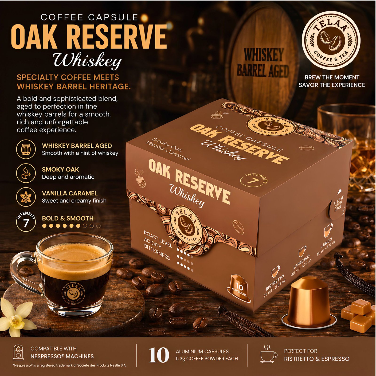 Oak Reserve – Whiskey Barrel Aged Specialty Coffee Capsules By Telaa | Intensity 7 | Nespresso® Compatible Pods | 100% Arabica - Image 2