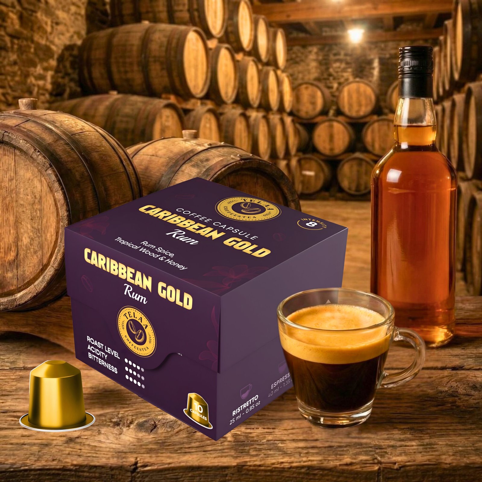 Caribbean Gold – Rum Barrel Aged Coffee Capsules - Specialty Coffee, Intensity 8 - Image 3
