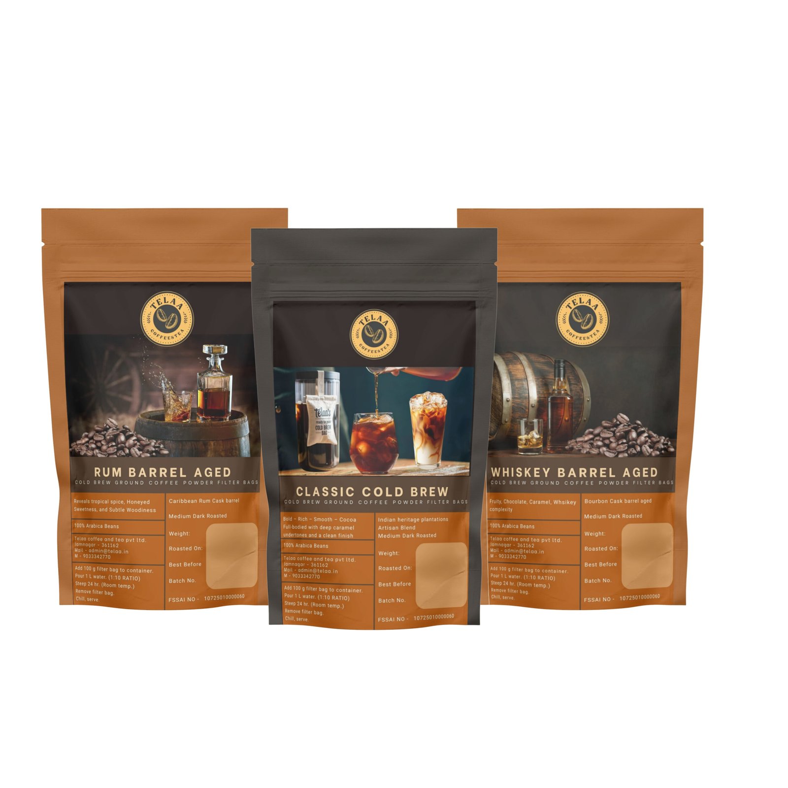 Cold Brew Coffee Combo Pack of 3 | Classic, Rum Barrel & Whiskey Barrel Aged | Ready-to-Pour 100g Bags | Bold, Smooth & All-Natural 100% Arabica Coffee