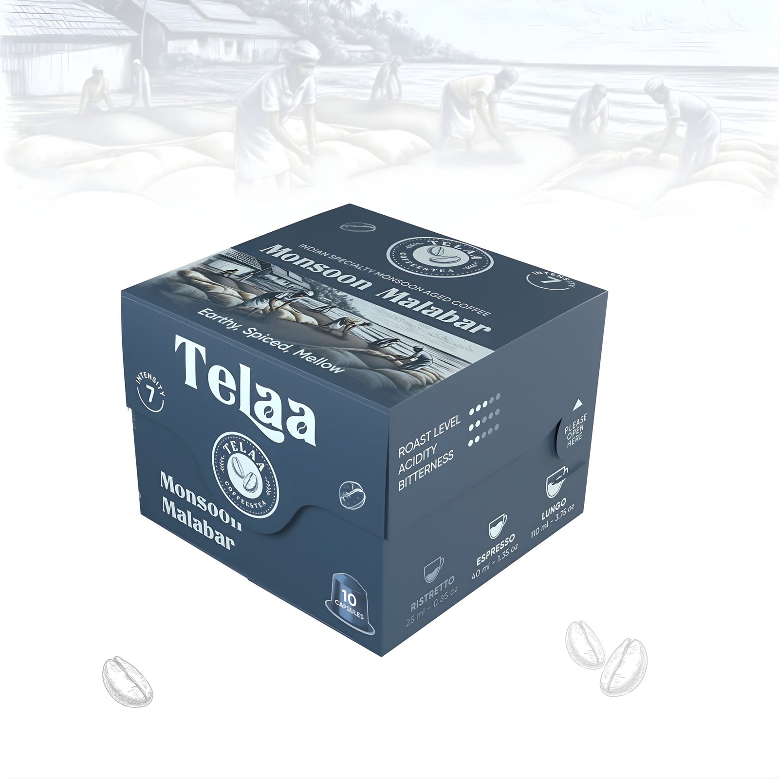 Telaa Monsoon Malabar Coffee Capsules | Indian Specialty Monsoon Aged Coffee | Aluminium Nespresso Original Line Compatible Pods