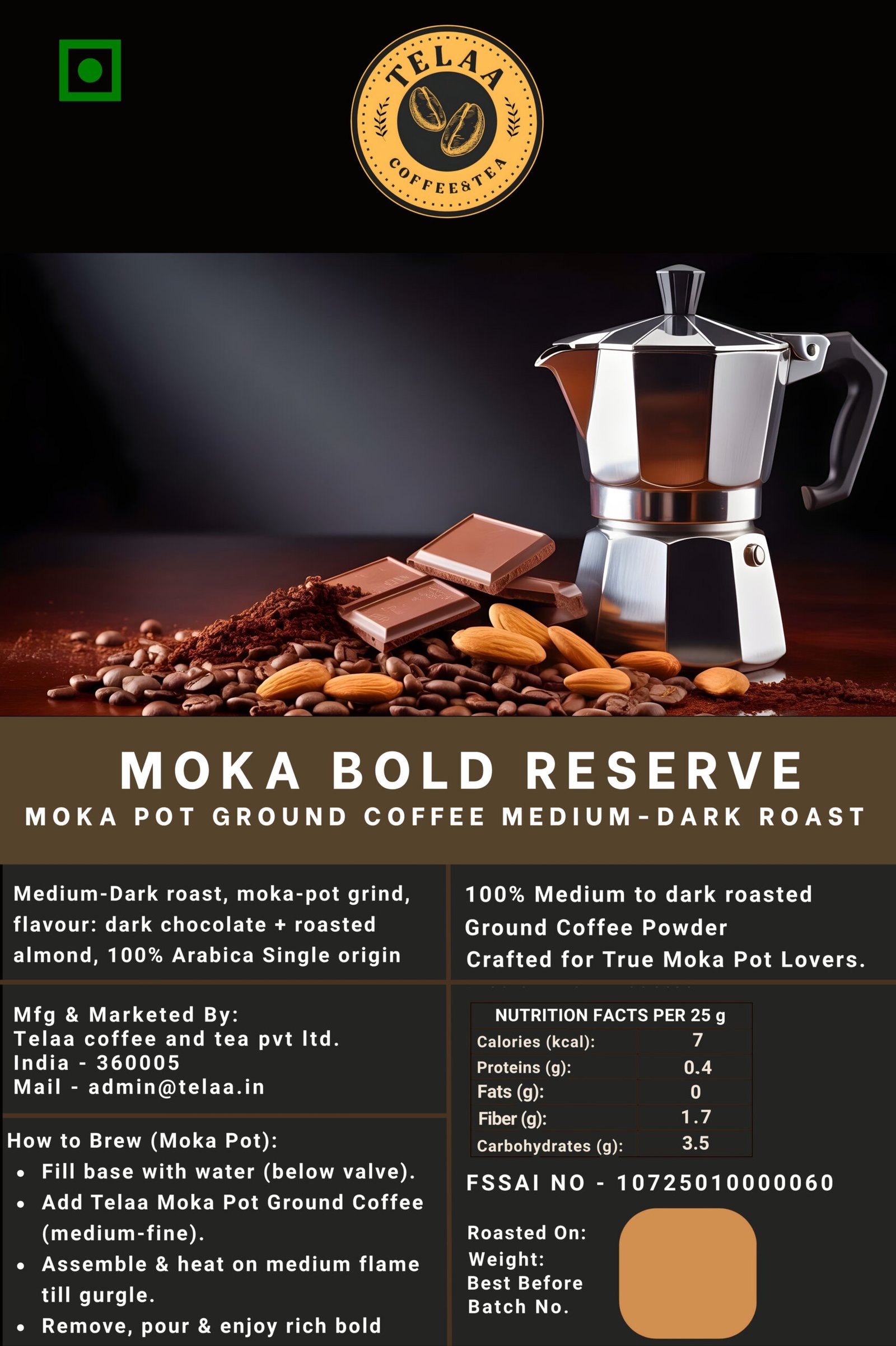 Telaa Moka Bold Reserve | Premium Moka Pot Ground Coffee | Medium-Dark Roast - Image 2