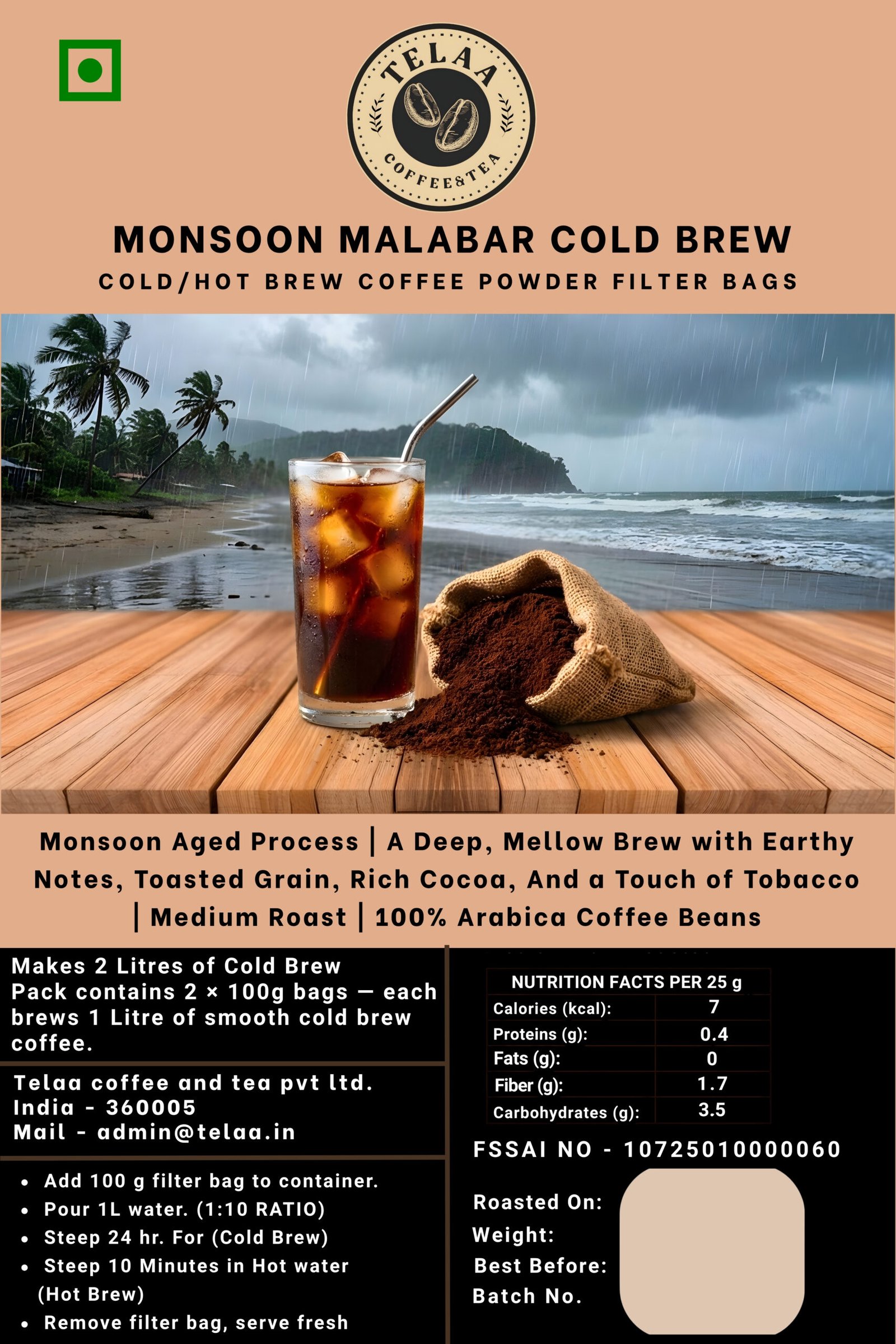 Premium Monsoon Malabar Cold Brew Coffee Bags - 200g Ground Specialty Coffee for French Press and V60