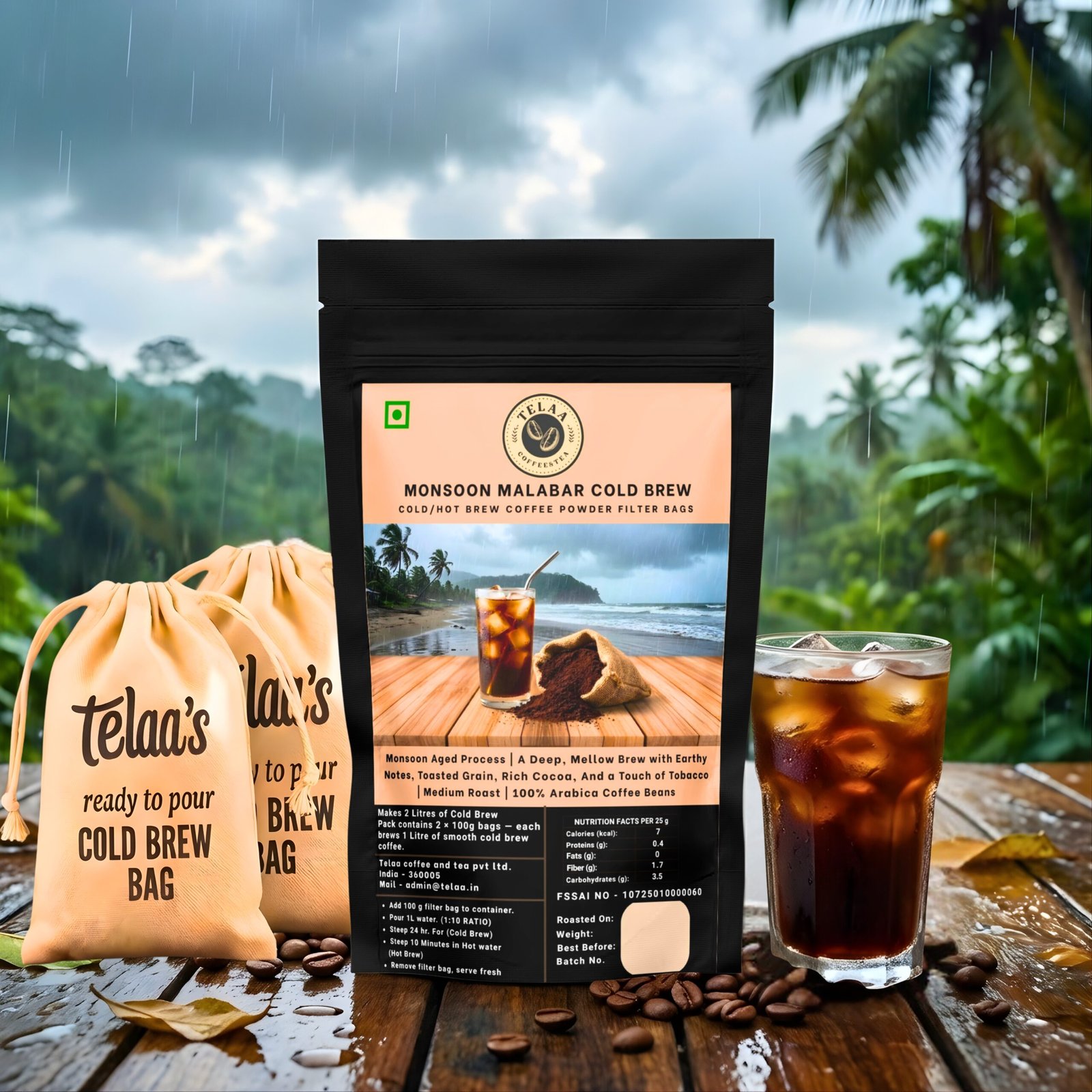 Premium Monsoon Malabar Cold Brew Coffee Bags - 200g Ground Specialty Coffee for French Press and V60
