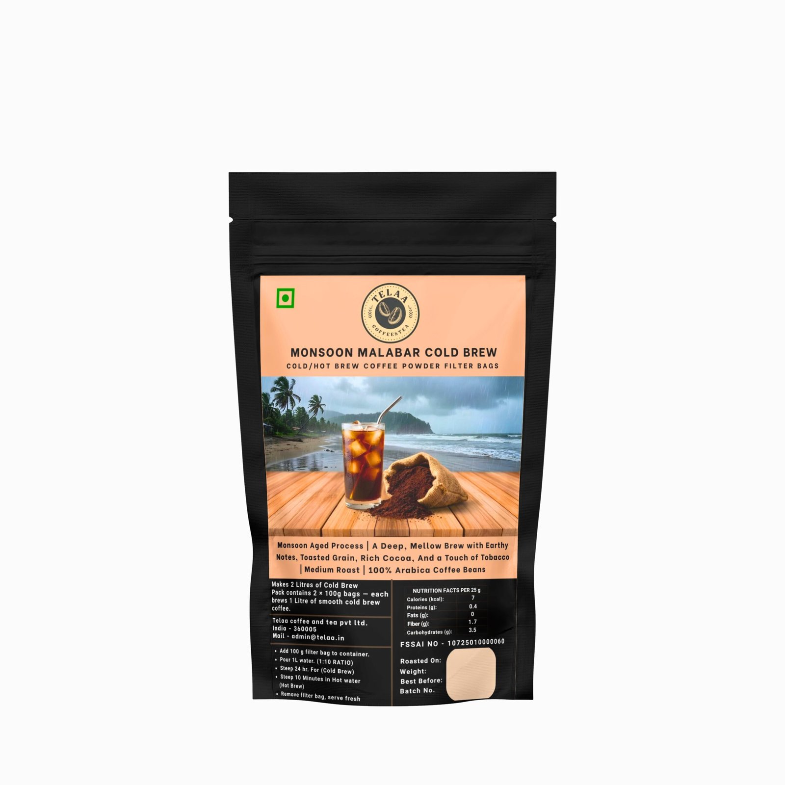Premium Monsoon Malabar Cold Brew Coffee Bags - Specialty Grade Arabica Ground for Cold Brewing