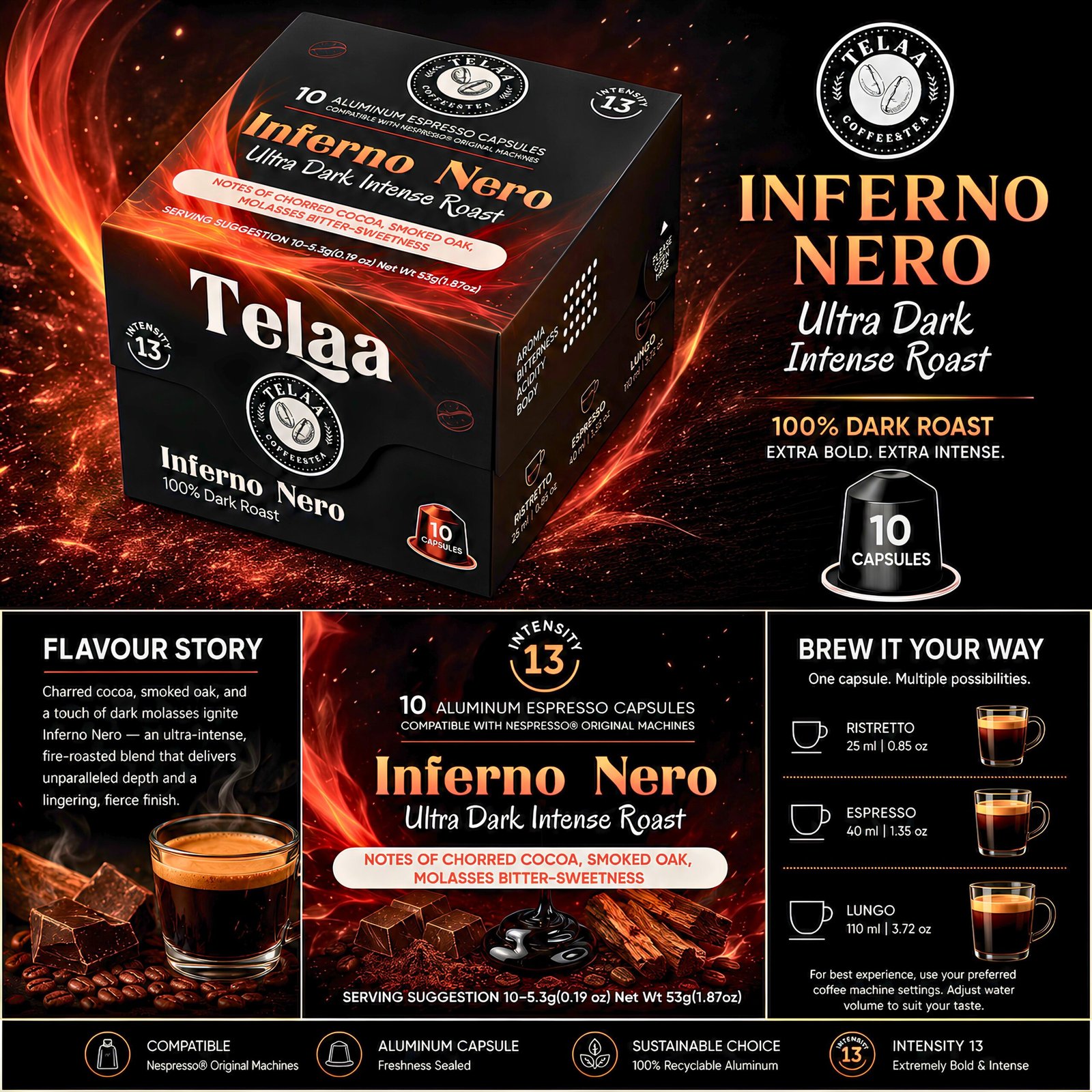 Inferno Nero Ultra Dark Roast Coffee Capsules By Telaa | Intensity 13 | Nespresso® Compatible | 10 Pods - Image 2