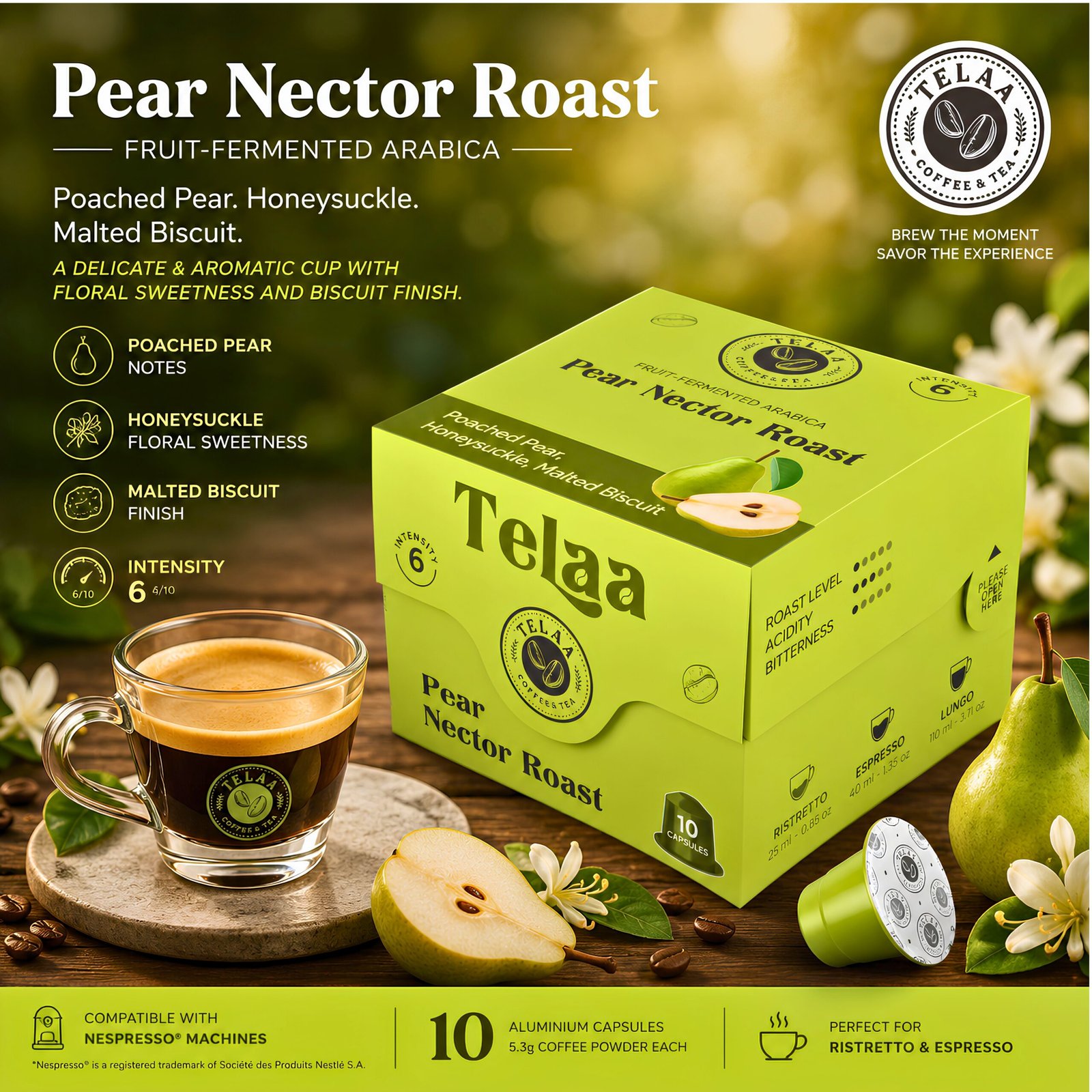 Pear Nector Roast Specialty Coffee Capsules By Telaa | Fruit-Fermented Arabica | Intensity 6 | Nespresso Original Line Compatible Pods - Image 2