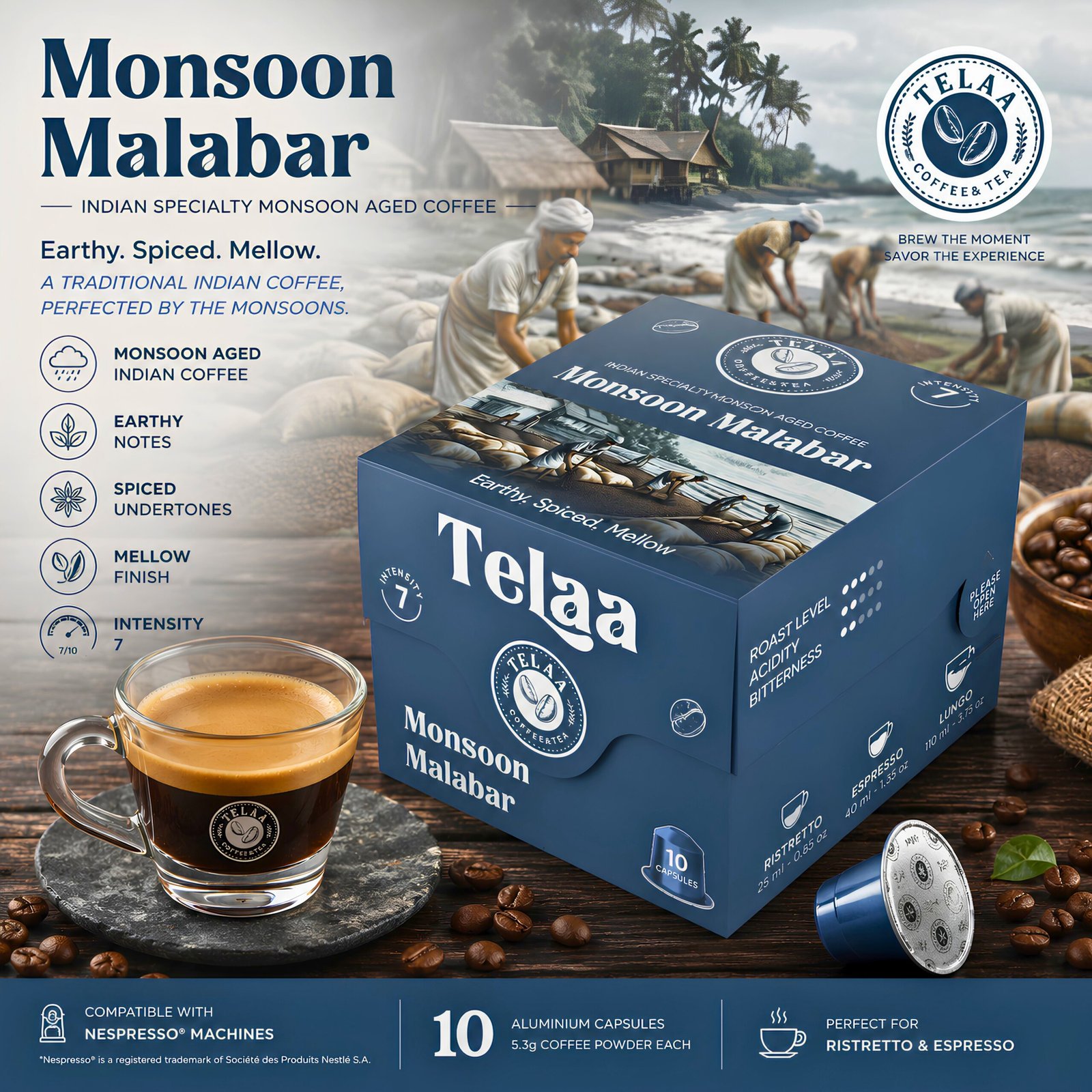 Telaa Monsoon Malabar Coffee Capsules | Indian Specialty Monsoon Aged Coffee | Aluminium Nespresso Original Line Compatible Pods - Image 2