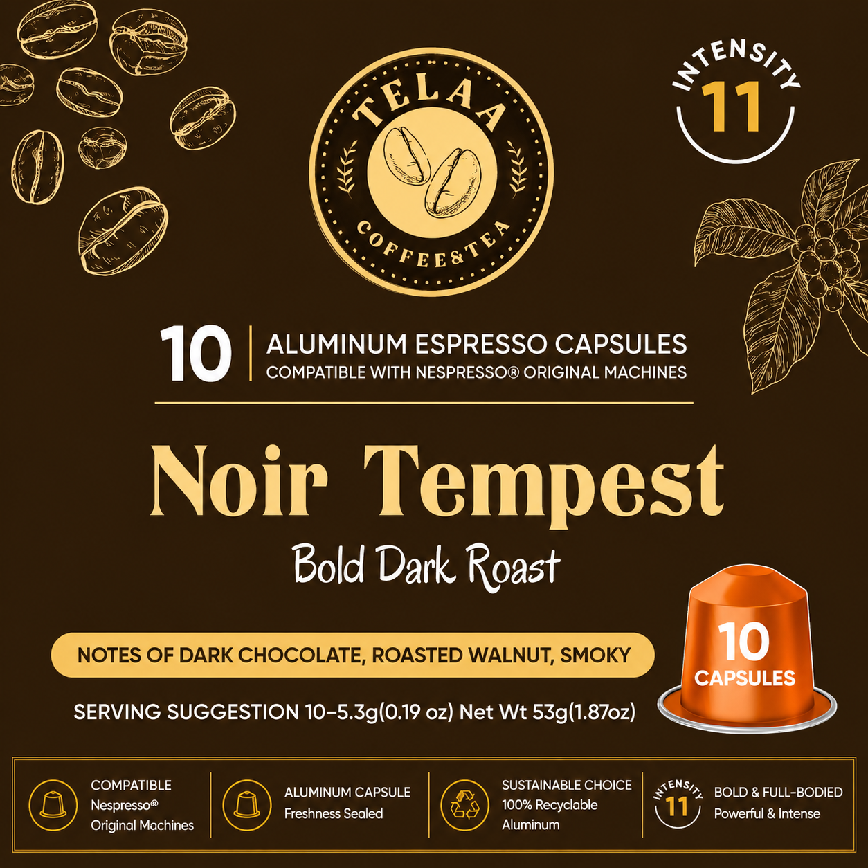 Noir Tempest Dark Roast Coffee Capsules By Telaa | Intensity 11 | Nespresso® Compatible | 10 Pods - Image 3