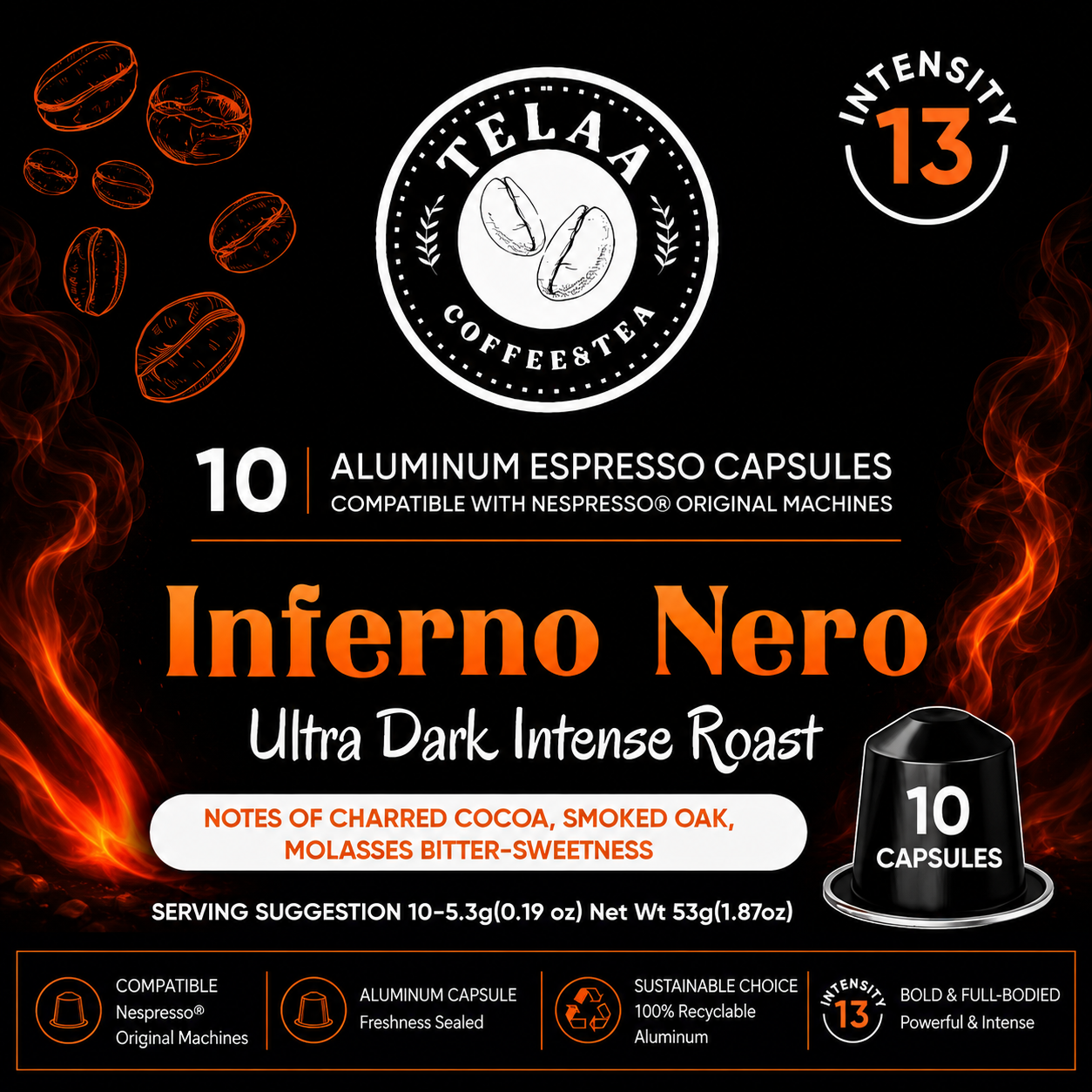 Inferno Nero Ultra Dark Roast Coffee Capsules By Telaa | Intensity 13 | Nespresso® Compatible | 10 Pods - Image 4