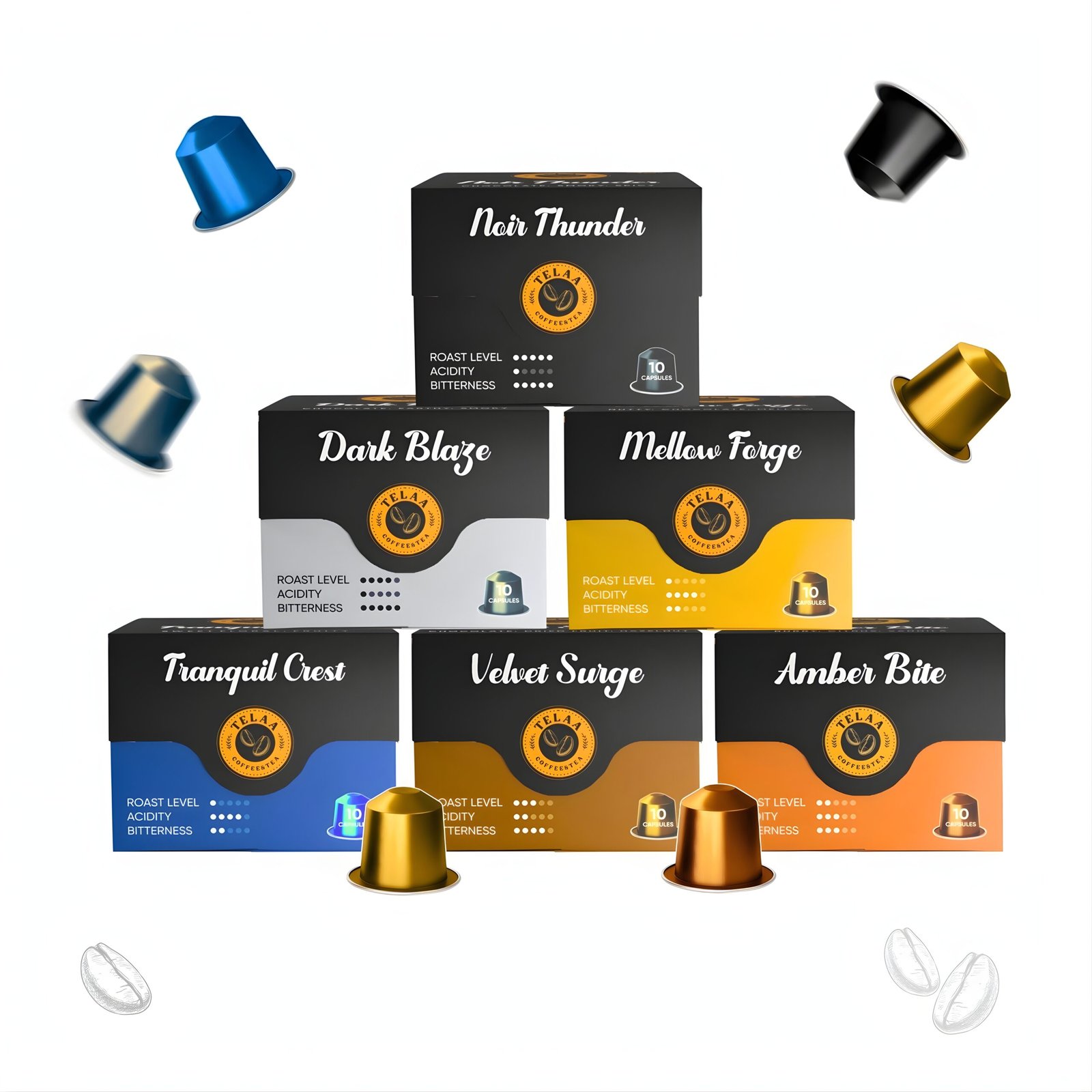 Everyday Coffee Lover Combo Pack By Telaa – 6 Specialty Coffee Capsule Blends | Intensity 5-10 | 60 Nespresso® Compatible Capsules
