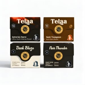 Dark Lover Combo Pack – 4 Dark Roast Coffee Capsule Varieties By Telaa | Intensity 9–13 | 40 Nespresso® Compatible Pods