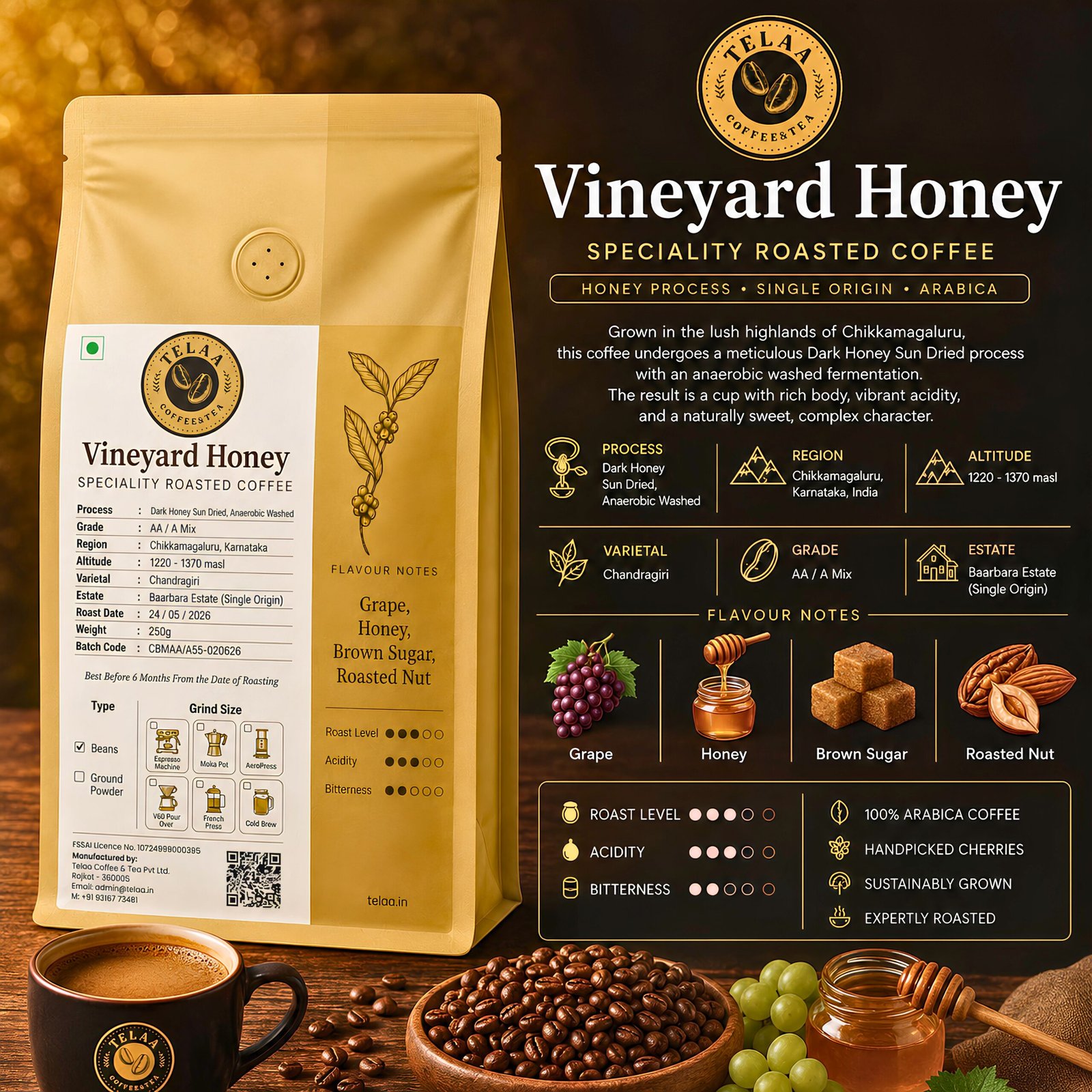 Vineyard Honey | AA Grade Single Origin Specialty Coffee | Chikkamagaluru Arabica | Honey Process Coffee Beans - Image 2