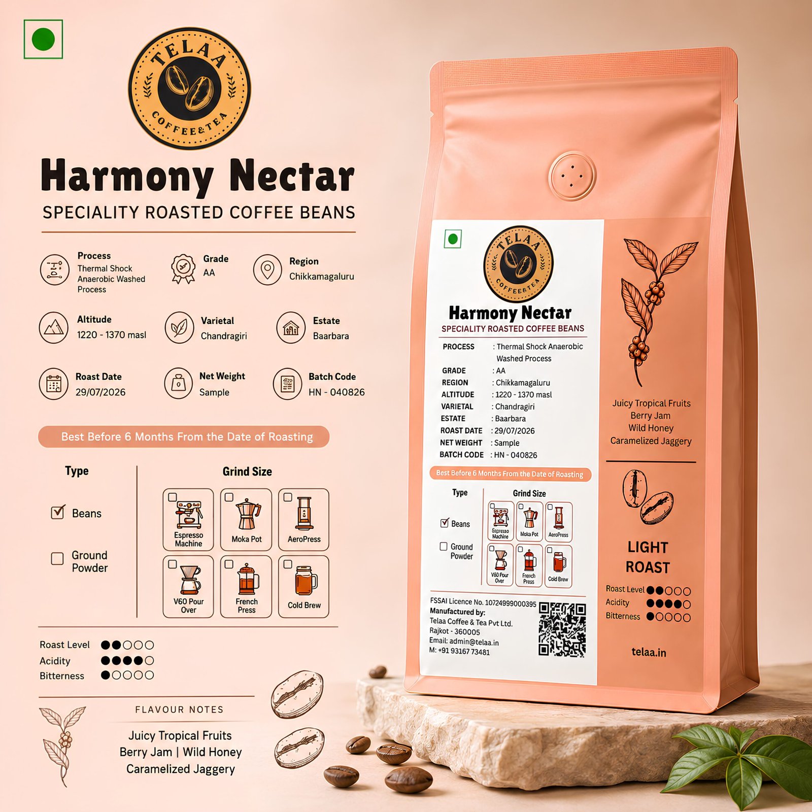 Harmony Nectar | Thermal Shock Anaerobic Washed Specialty Coffee | Chikkamagaluru AA Arabica Coffee Beans - Image 2