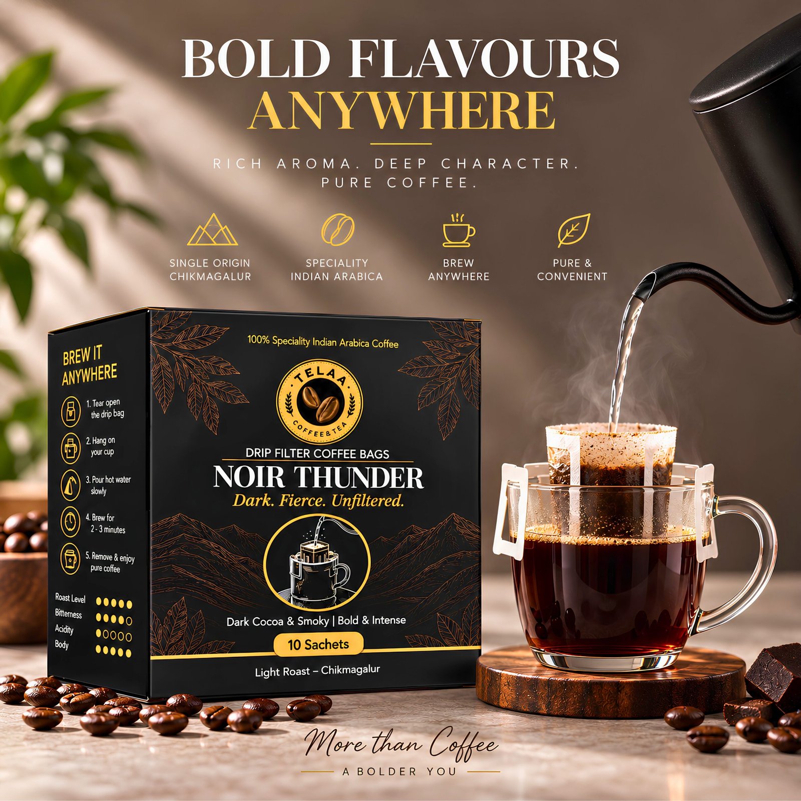 Noir Thunder Drip Bag Coffee – 100% Specialty Indian Arabica from Chikmagalur - Image 2