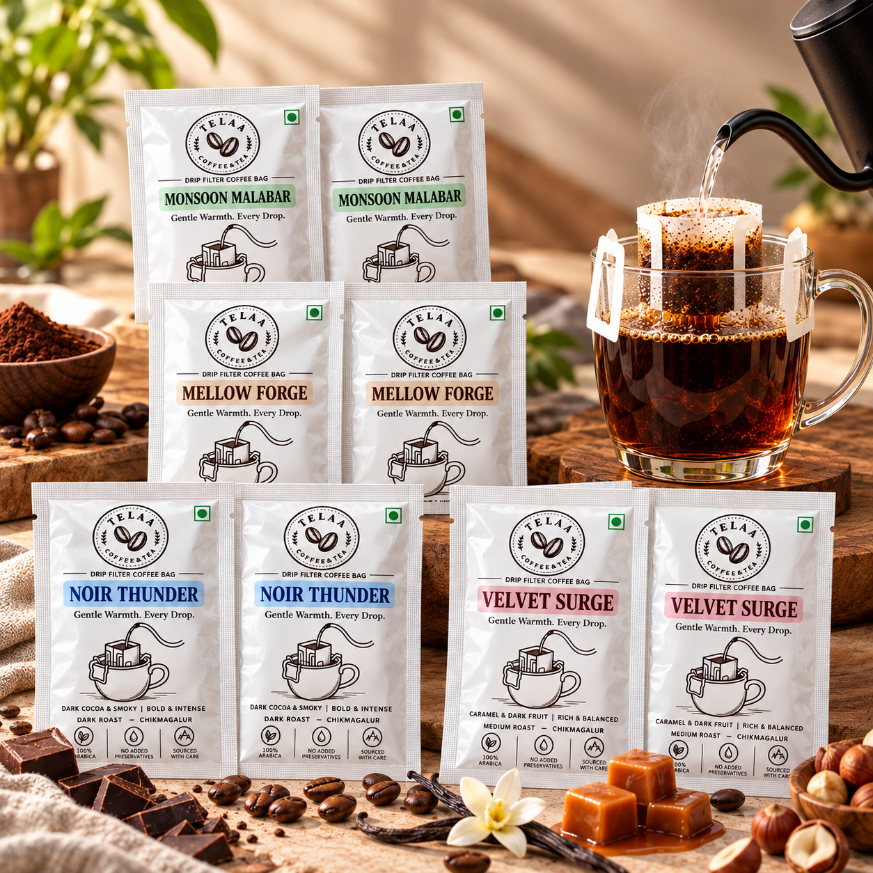 TELAA Premium Coffee Gift Hamper | 83 Cups of Coffee | Easy-Pour Drip Bag Coffee + 5 Instant Coffee Varieties | 100% Arabica | No Machine Required - Image 4