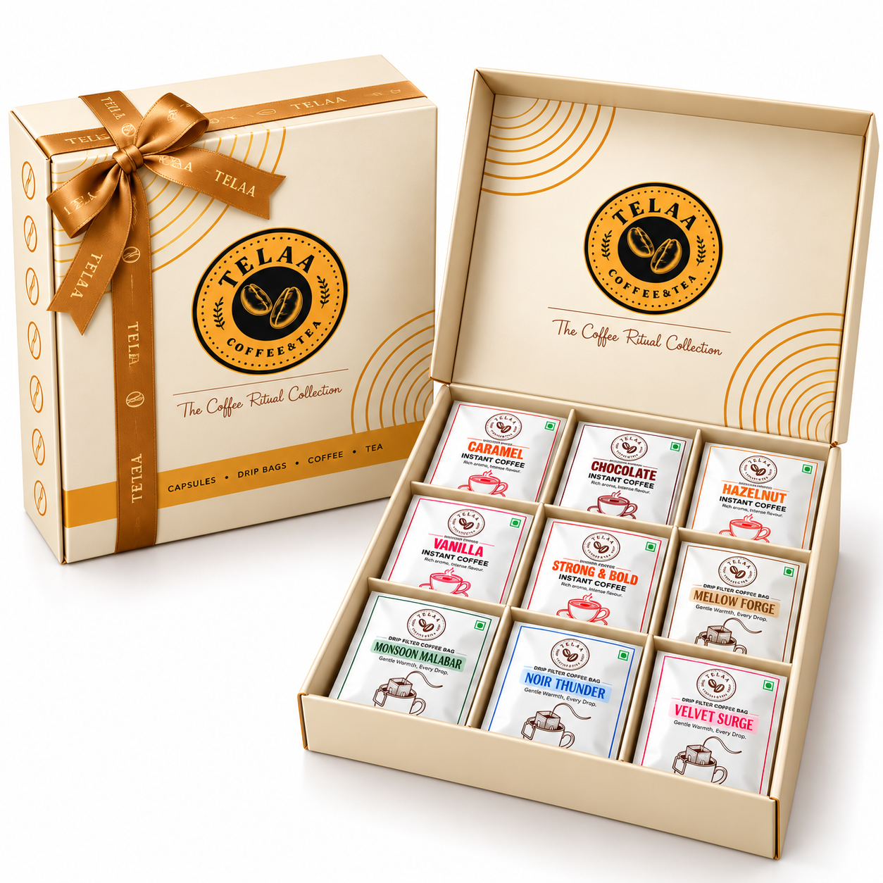 TELAA Premium Coffee Gift Hamper | 83 Cups of Coffee | Easy-Pour Drip Bag Coffee + 5 Instant Coffee Varieties | 100% Arabica | No Machine Required