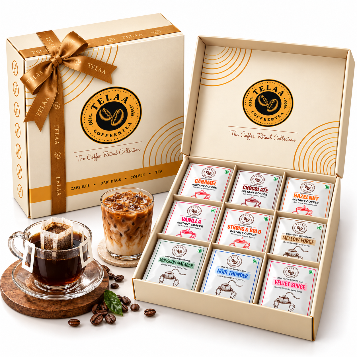 TELAA Premium Coffee Gift Hamper | 83 Cups of Coffee | Easy-Pour Drip Bag Coffee + 5 Instant Coffee Varieties | 100% Arabica | No Machine Required - Image 2